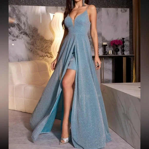 Luxe slit thigh mermaid hem lace up back party formal dress